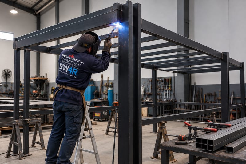 La estructura de la pérgola en el taller, mientras un soldador de Metalúrgica Chascomús une los perfiles