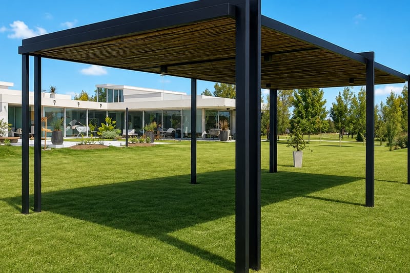 La pérgola terminada e instalada en un jardín, con perfiles negros y techo de cañas