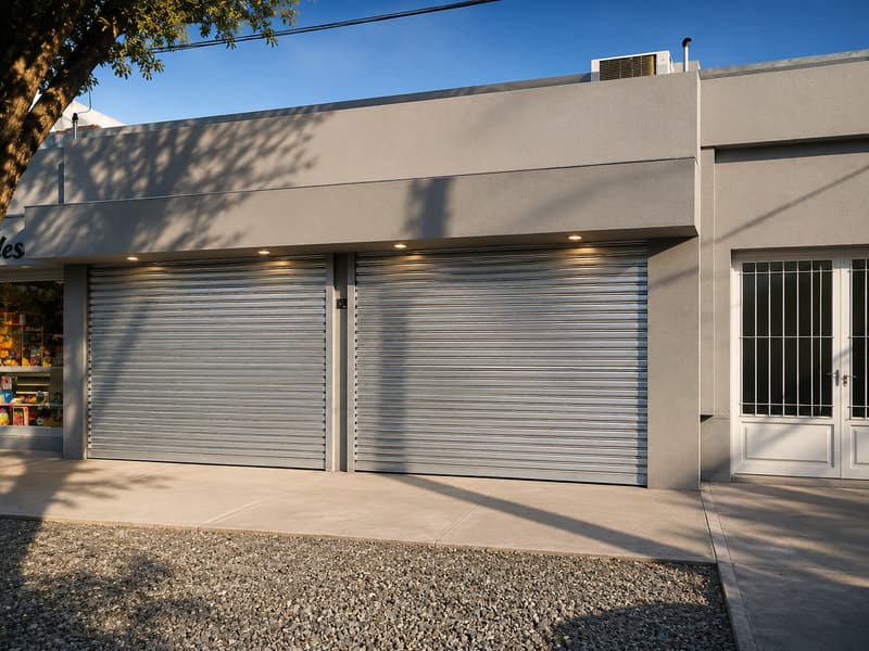Dos cortinas metálicas de enrollar en el frente de un local comercial