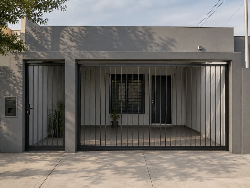 Portón de barrotes verticales negros con puerta de paso, en el frente de una casa